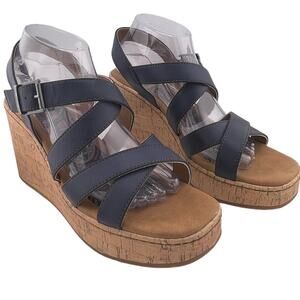 B.O.C. Navy Faux Leather Strappy Wedge Platform Sandal Size 10M